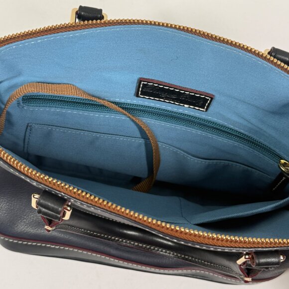 Dooney & Bourke Pebble Grain Satchel Navy Blue Leather Black Red Trim Zip - Picture 8 of 9